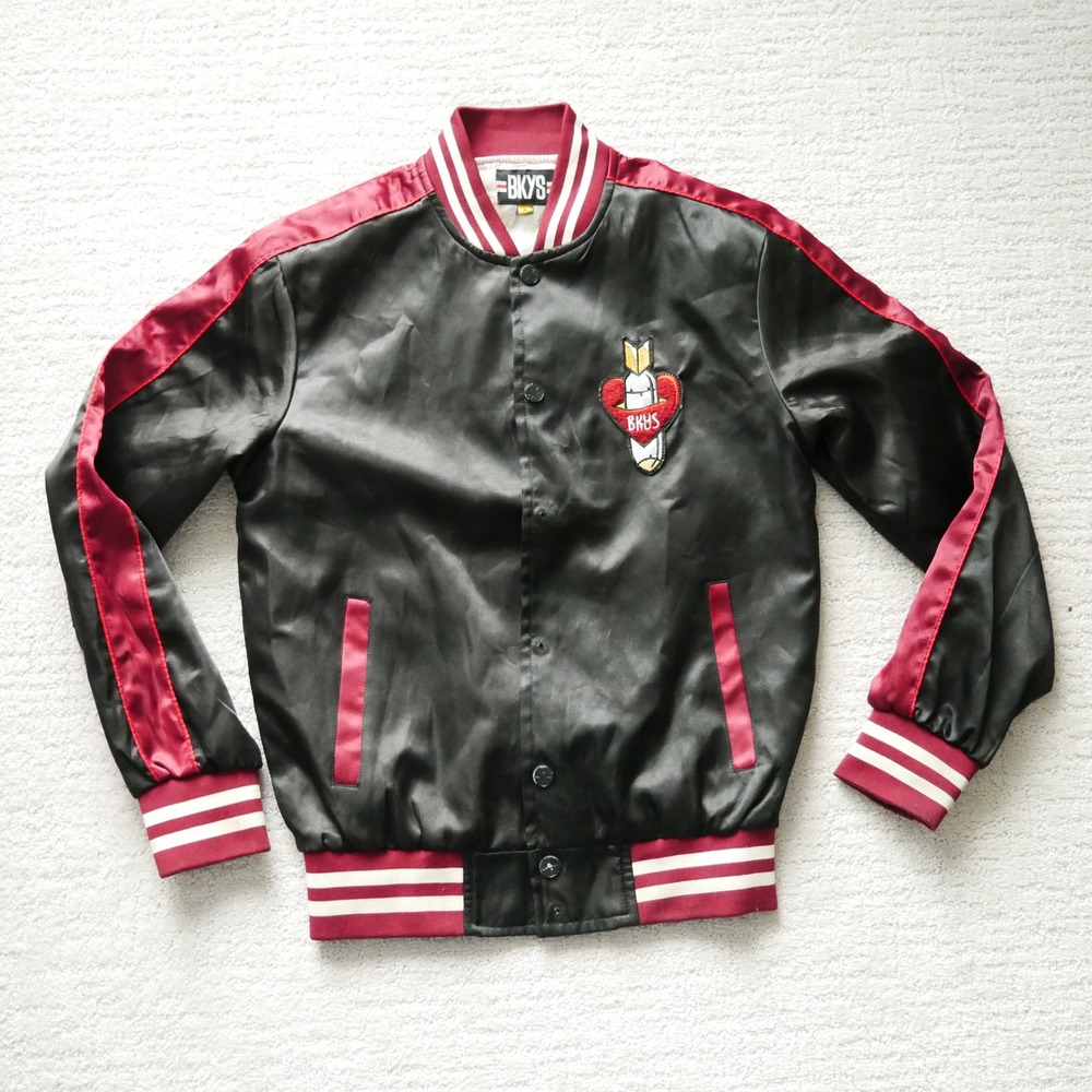 BKYS Mens La Bomba Satin Varsity Jacket Black Burgundy Boxing Eagle Small